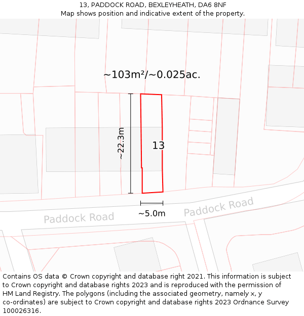 13, PADDOCK ROAD, BEXLEYHEATH, DA6 8NF: Plot and title map