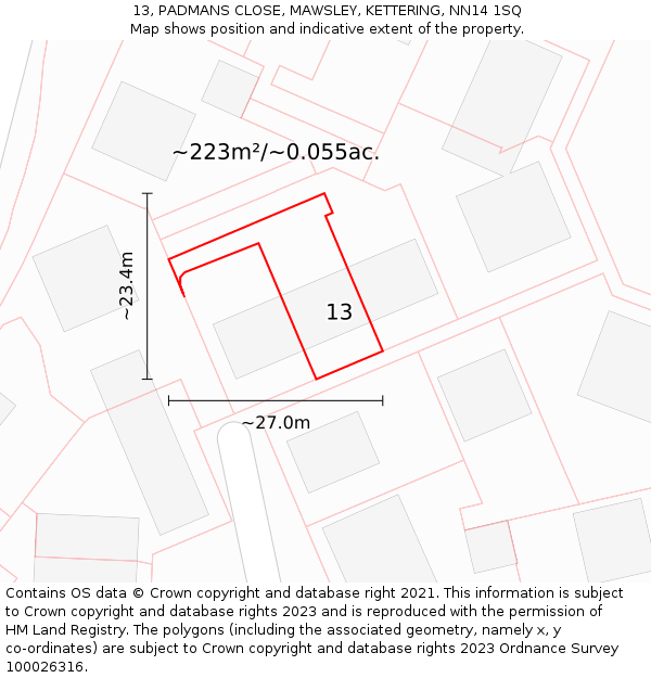13, PADMANS CLOSE, MAWSLEY, KETTERING, NN14 1SQ: Plot and title map