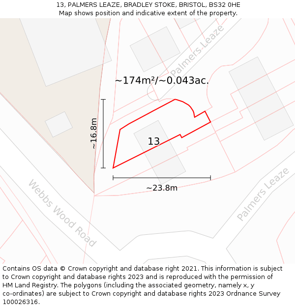 13, PALMERS LEAZE, BRADLEY STOKE, BRISTOL, BS32 0HE: Plot and title map
