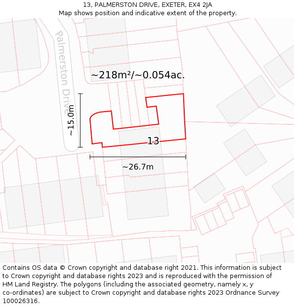 13, PALMERSTON DRIVE, EXETER, EX4 2JA: Plot and title map