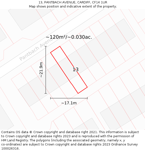 13, PANTBACH AVENUE, CARDIFF, CF14 1UR: Plot and title map