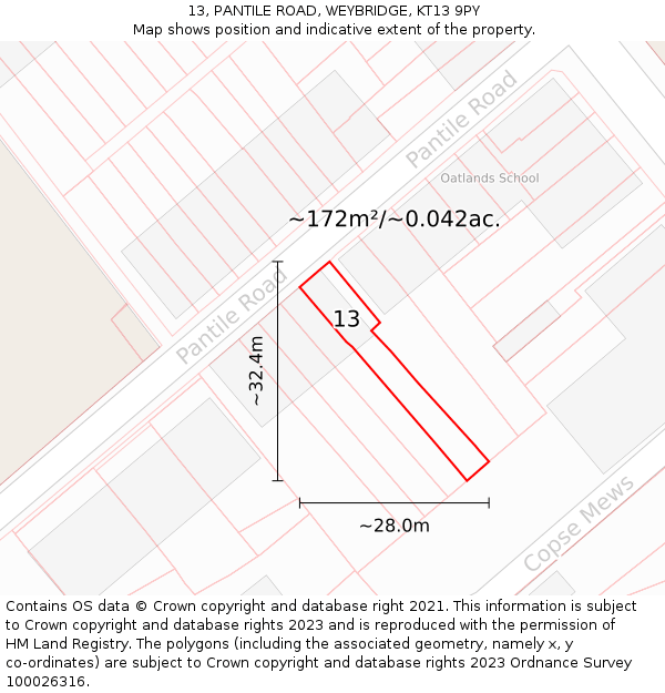 13, PANTILE ROAD, WEYBRIDGE, KT13 9PY: Plot and title map