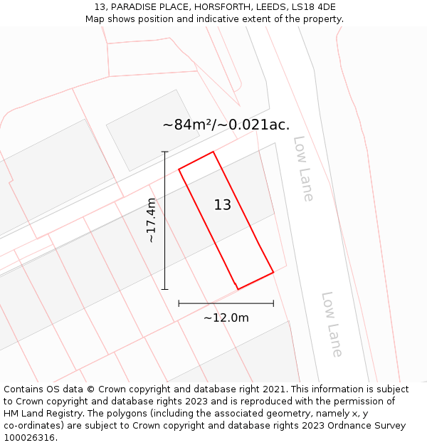 13, PARADISE PLACE, HORSFORTH, LEEDS, LS18 4DE: Plot and title map
