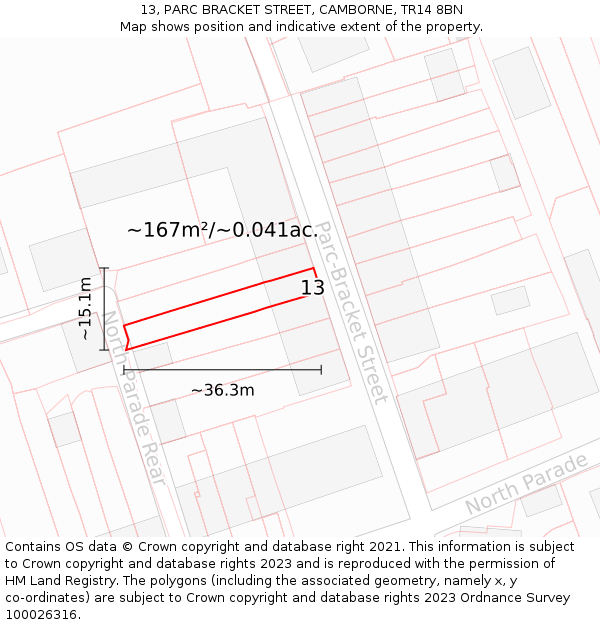 13, PARC BRACKET STREET, CAMBORNE, TR14 8BN: Plot and title map