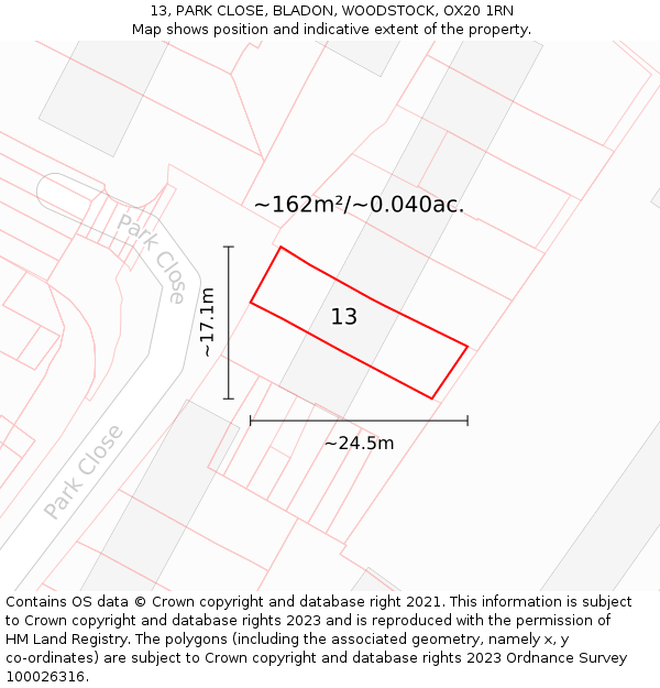 13, PARK CLOSE, BLADON, WOODSTOCK, OX20 1RN: Plot and title map