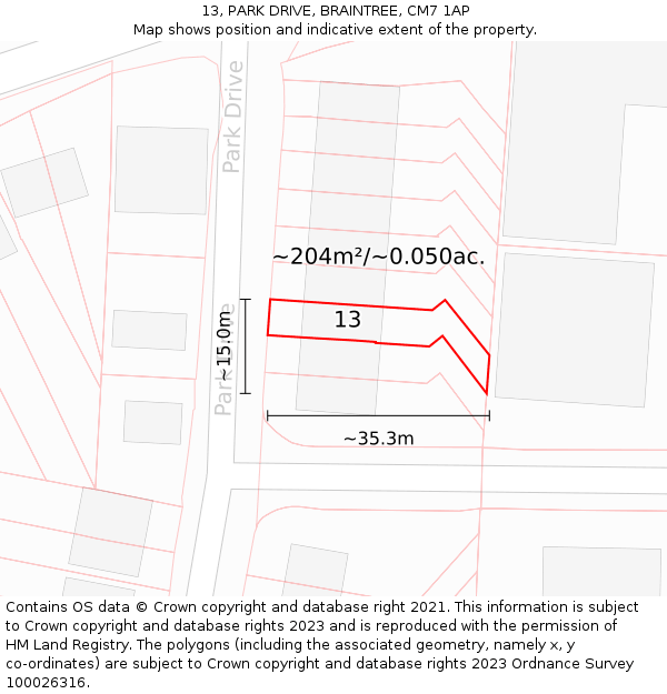 13, PARK DRIVE, BRAINTREE, CM7 1AP: Plot and title map