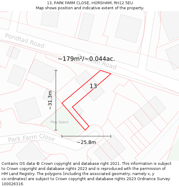 13, PARK FARM CLOSE, HORSHAM, RH12 5EU: Plot and title map