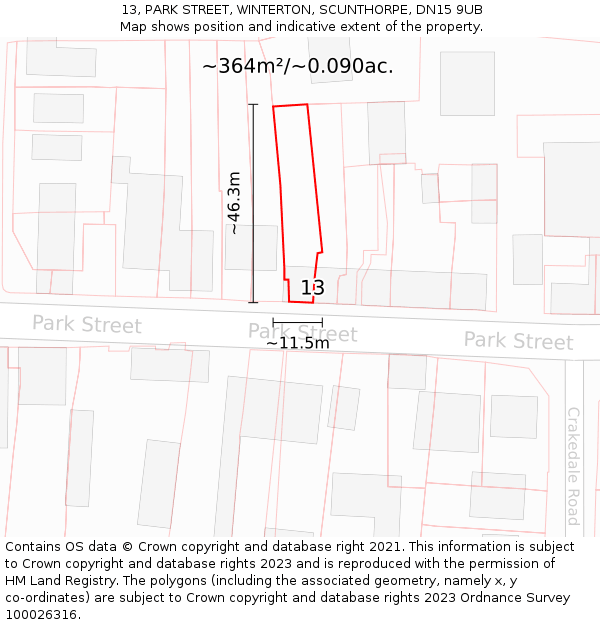 13, PARK STREET, WINTERTON, SCUNTHORPE, DN15 9UB: Plot and title map