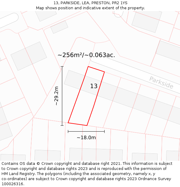 13, PARKSIDE, LEA, PRESTON, PR2 1YS: Plot and title map