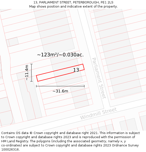 13, PARLIAMENT STREET, PETERBOROUGH, PE1 2LS: Plot and title map
