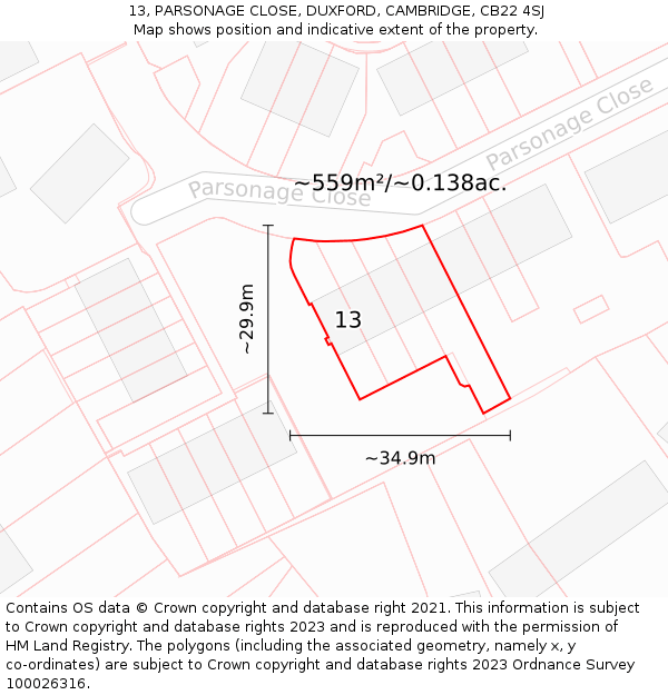 13, PARSONAGE CLOSE, DUXFORD, CAMBRIDGE, CB22 4SJ: Plot and title map
