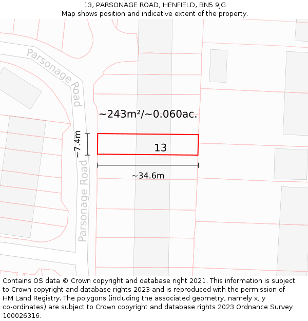 13, PARSONAGE ROAD, HENFIELD, BN5 9JG: Plot and title map