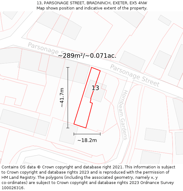 13, PARSONAGE STREET, BRADNINCH, EXETER, EX5 4NW: Plot and title map