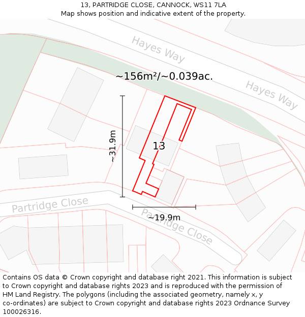 13, PARTRIDGE CLOSE, CANNOCK, WS11 7LA: Plot and title map