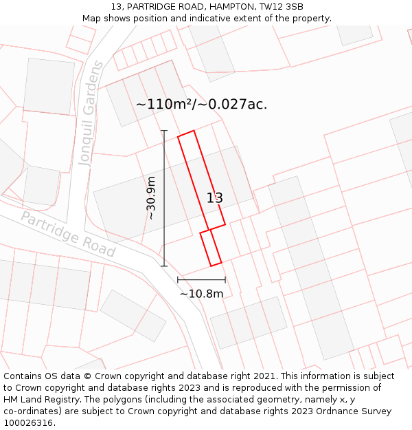13, PARTRIDGE ROAD, HAMPTON, TW12 3SB: Plot and title map