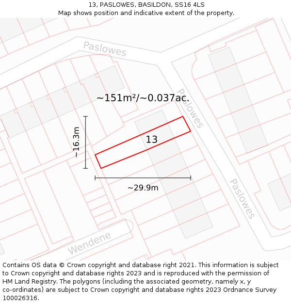 13, PASLOWES, BASILDON, SS16 4LS: Plot and title map