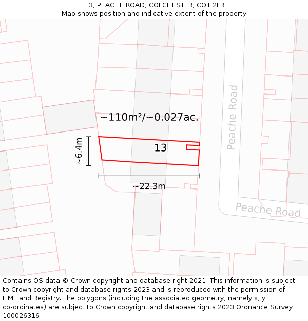 13, PEACHE ROAD, COLCHESTER, CO1 2FR: Plot and title map
