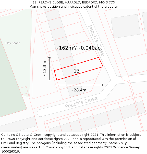 13, PEACHS CLOSE, HARROLD, BEDFORD, MK43 7DX: Plot and title map