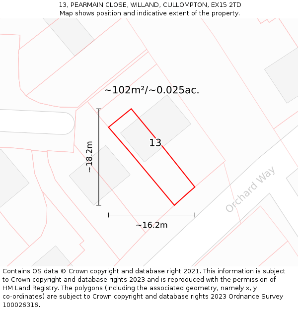 13, PEARMAIN CLOSE, WILLAND, CULLOMPTON, EX15 2TD: Plot and title map