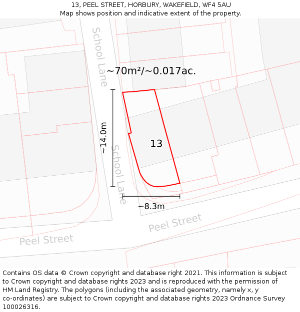 13, PEEL STREET, HORBURY, WAKEFIELD, WF4 5AU: Plot and title map
