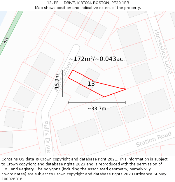 13, PELL DRIVE, KIRTON, BOSTON, PE20 1EB: Plot and title map