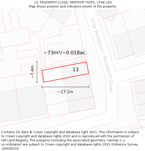13, PENDERYN CLOSE, MERTHYR TYDFIL, CF48 1AS: Plot and title map