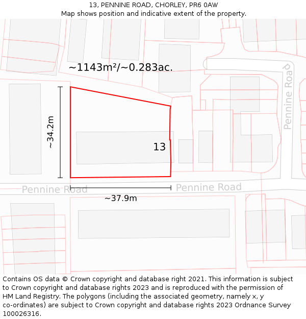 13, PENNINE ROAD, CHORLEY, PR6 0AW: Plot and title map