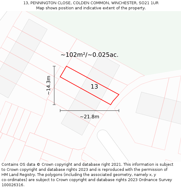 13, PENNINGTON CLOSE, COLDEN COMMON, WINCHESTER, SO21 1UR: Plot and title map