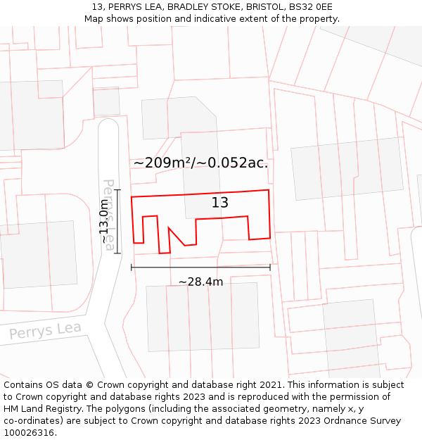 13, PERRYS LEA, BRADLEY STOKE, BRISTOL, BS32 0EE: Plot and title map