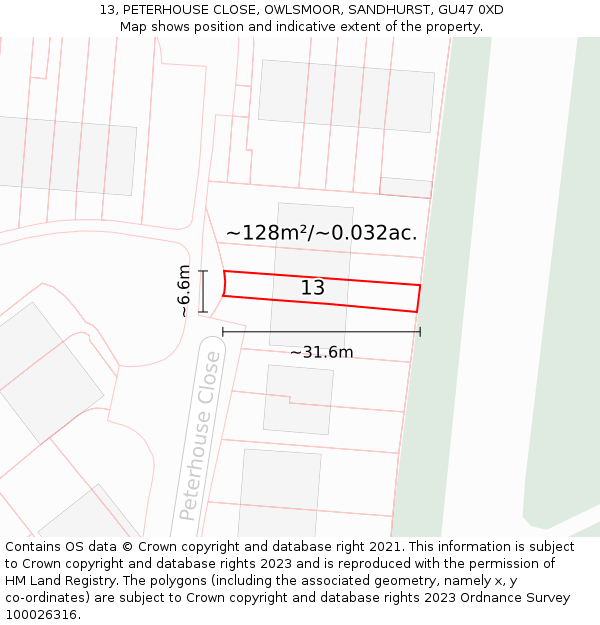13, PETERHOUSE CLOSE, OWLSMOOR, SANDHURST, GU47 0XD: Plot and title map