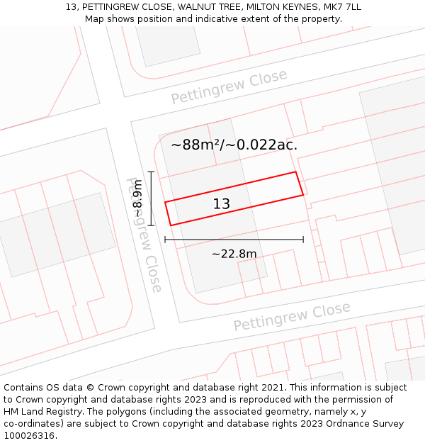 13, PETTINGREW CLOSE, WALNUT TREE, MILTON KEYNES, MK7 7LL: Plot and title map