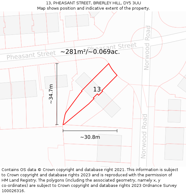 13, PHEASANT STREET, BRIERLEY HILL, DY5 3UU: Plot and title map