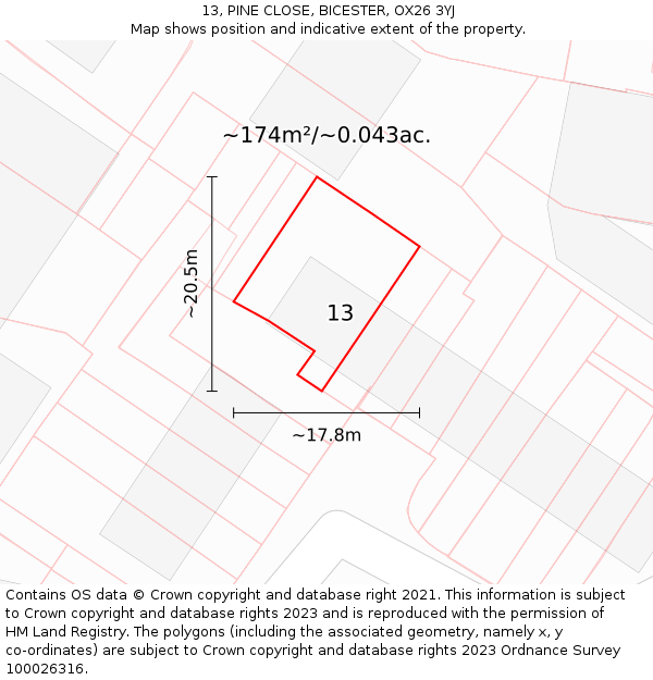 13, PINE CLOSE, BICESTER, OX26 3YJ: Plot and title map