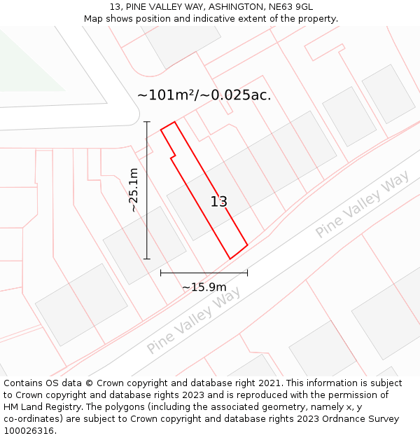 13, PINE VALLEY WAY, ASHINGTON, NE63 9GL: Plot and title map
