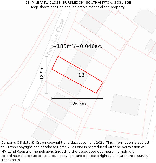 13, PINE VIEW CLOSE, BURSLEDON, SOUTHAMPTON, SO31 8GB: Plot and title map