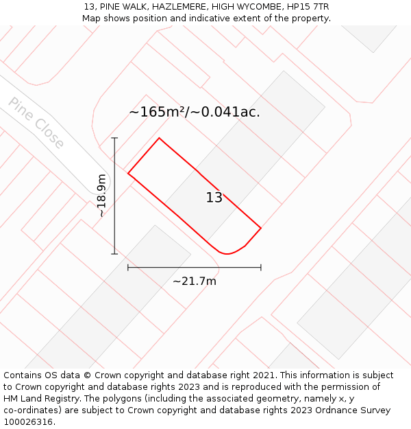 13, PINE WALK, HAZLEMERE, HIGH WYCOMBE, HP15 7TR: Plot and title map
