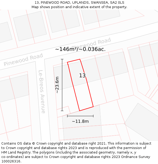 13, PINEWOOD ROAD, UPLANDS, SWANSEA, SA2 0LS: Plot and title map