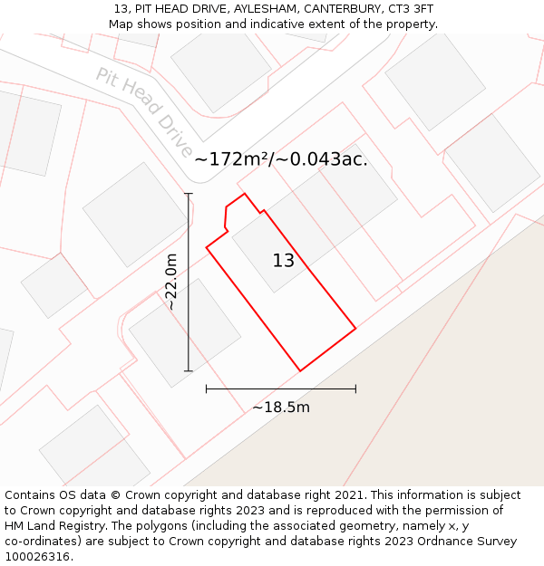 13, PIT HEAD DRIVE, AYLESHAM, CANTERBURY, CT3 3FT: Plot and title map