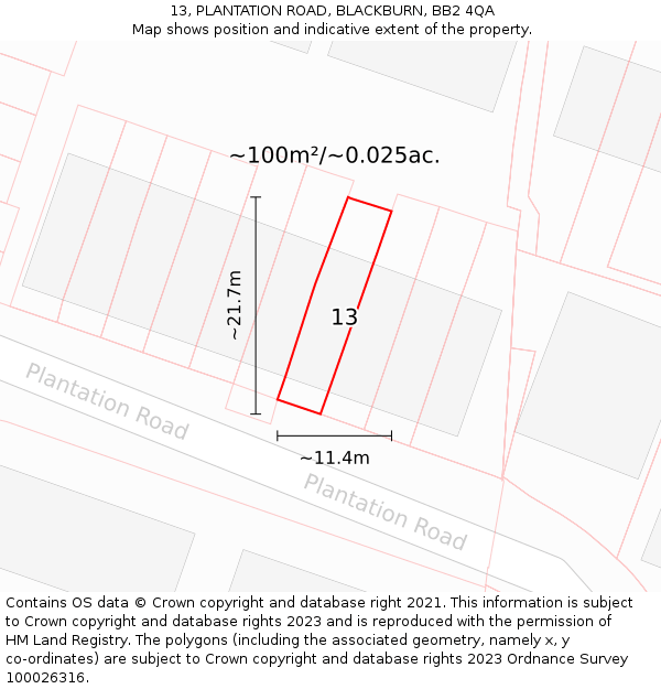 13, PLANTATION ROAD, BLACKBURN, BB2 4QA: Plot and title map