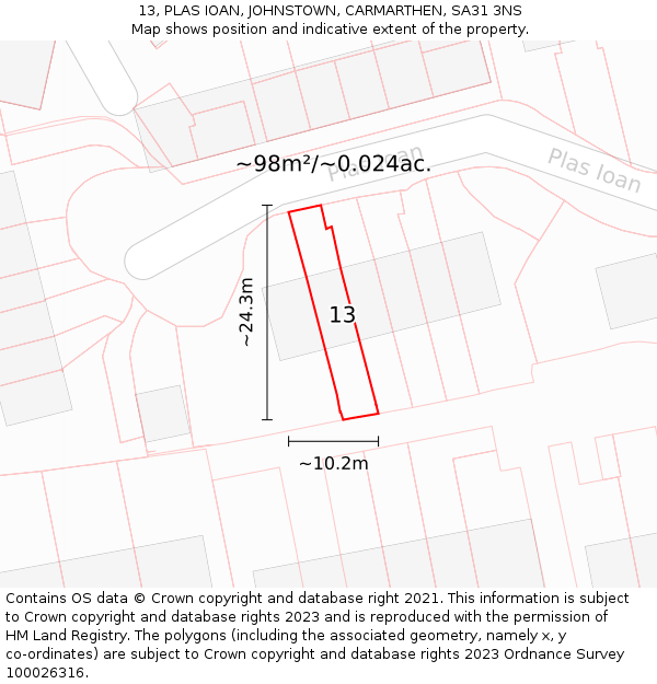 13, PLAS IOAN, JOHNSTOWN, CARMARTHEN, SA31 3NS: Plot and title map