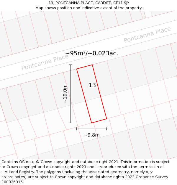 13, PONTCANNA PLACE, CARDIFF, CF11 9JY: Plot and title map