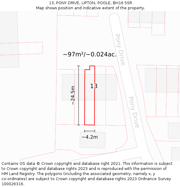 13, PONY DRIVE, UPTON, POOLE, BH16 5SR: Plot and title map