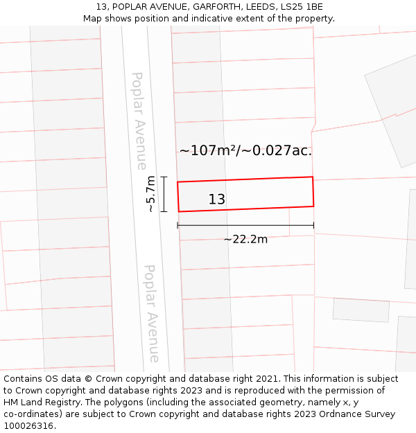 13, POPLAR AVENUE, GARFORTH, LEEDS, LS25 1BE: Plot and title map