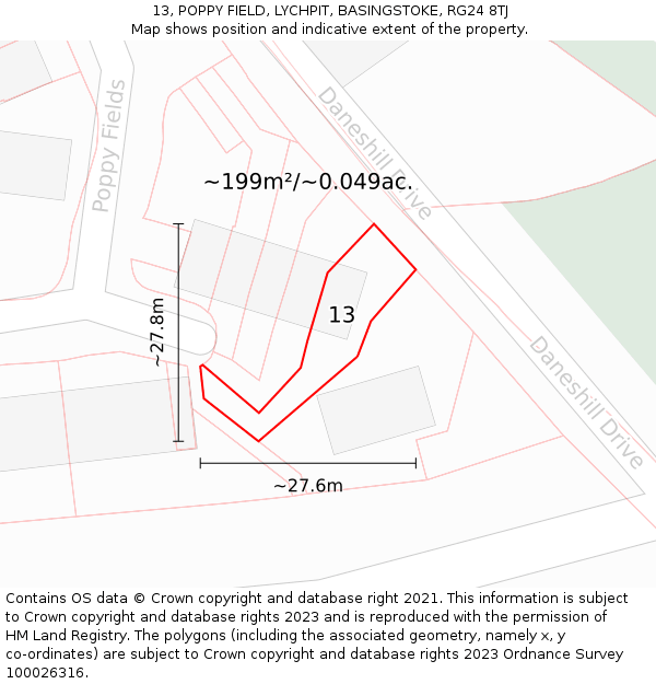 13, POPPY FIELD, LYCHPIT, BASINGSTOKE, RG24 8TJ: Plot and title map