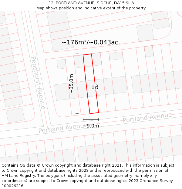 13, PORTLAND AVENUE, SIDCUP, DA15 9HA: Plot and title map