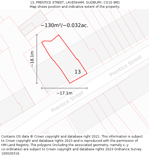 13, PRENTICE STREET, LAVENHAM, SUDBURY, CO10 9RD: Plot and title map