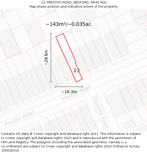 13, PRESTON ROAD, BEDFORD, MK40 4DU: Plot and title map