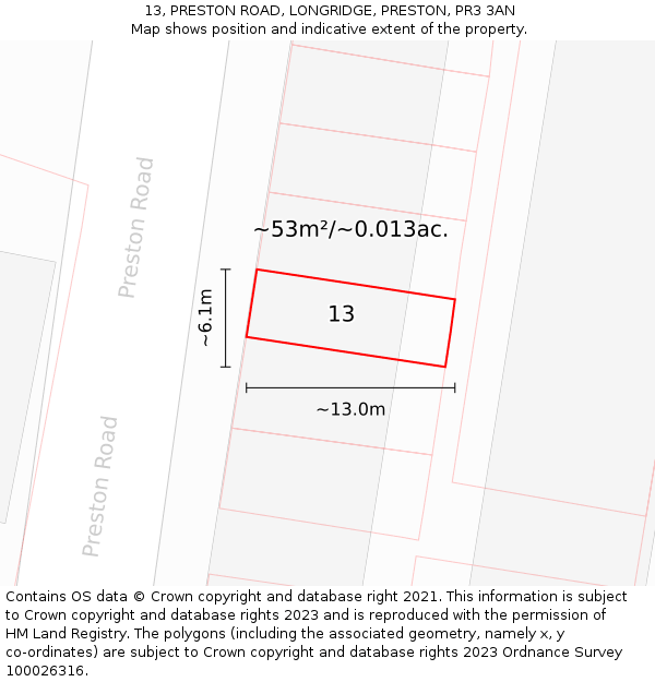 13, PRESTON ROAD, LONGRIDGE, PRESTON, PR3 3AN: Plot and title map