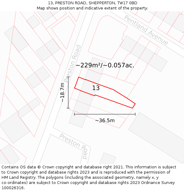 13, PRESTON ROAD, SHEPPERTON, TW17 0BD: Plot and title map