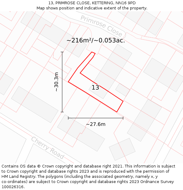 13, PRIMROSE CLOSE, KETTERING, NN16 9PD: Plot and title map